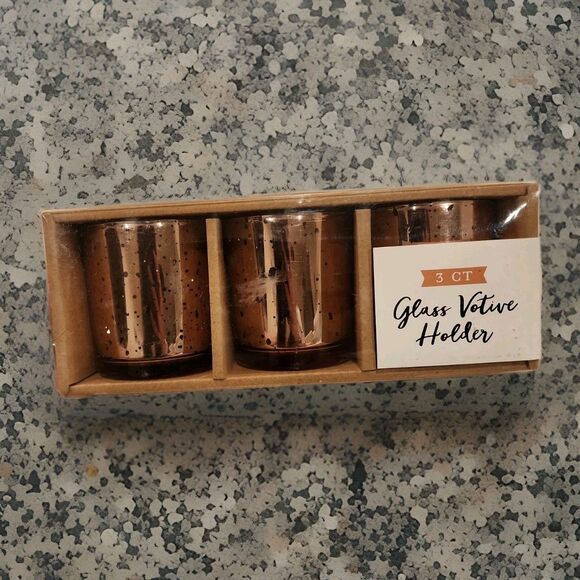 3 Piece Rose Gold Glass Votive Candle Holders Speckled 3" Height Special Moments - Picture 1 of 5
